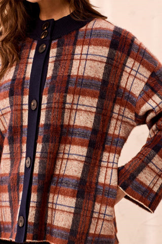 Eyelash Knit Plaid Button-Front Mock Neck Sweater Cardigan-Stellar