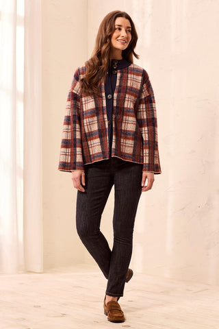 Eyelash Knit Plaid Button-Front Mock Neck Sweater Cardigan-Stellar