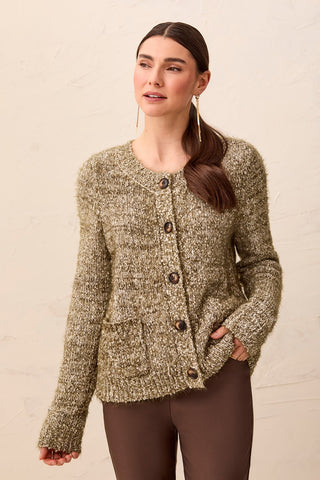 Eyelash Yarn Button-Front Long Sleeve Cardigan-Basil