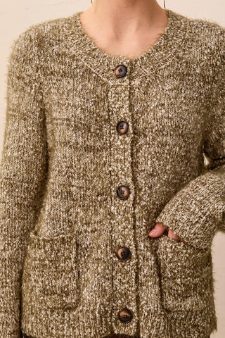 Eyelash Yarn Button-Front Long Sleeve Cardigan-Basil