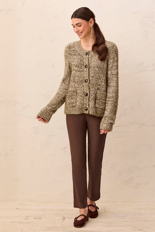 Eyelash Yarn Button-Front Long Sleeve Cardigan-Basil