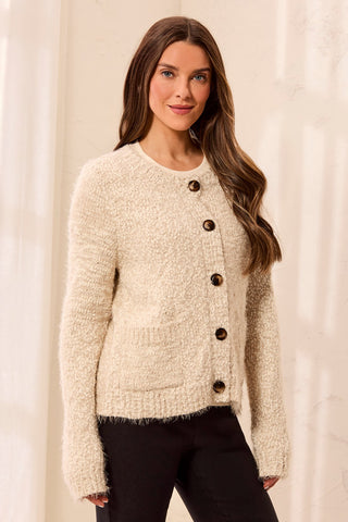 Eyelash Yarn Button-Front Long Sleeve Cardigan-Birch