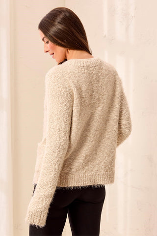 Eyelash Yarn Button-Front Long Sleeve Cardigan-Birch