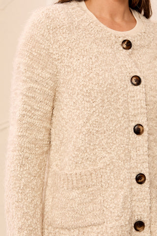 Eyelash Yarn Button-Front Long Sleeve Cardigan-Birch