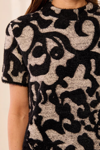 Eyelash Yarn Short Sleeve Mock Neck Sweater Dress-Black