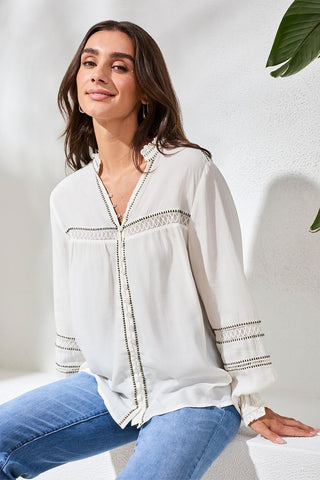 Eyelet Novelty Blouse With Delicate Button Details-Eggshell