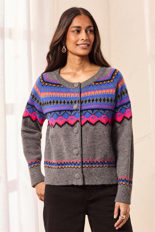 Fair Isle Button Front Sweater Cardigan-Charcoal
