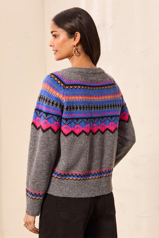 Fair Isle Button Front Sweater Cardigan-Charcoal