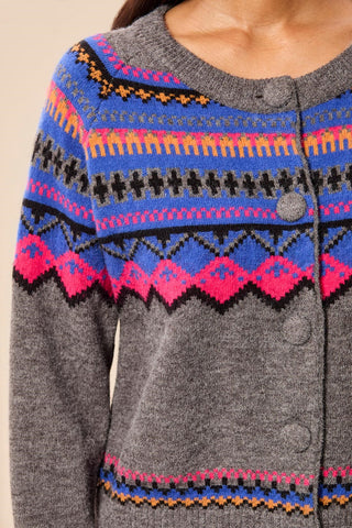 Fair Isle Button Front Sweater Cardigan-Charcoal