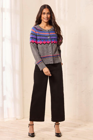 Fair Isle Button Front Sweater Cardigan-Charcoal