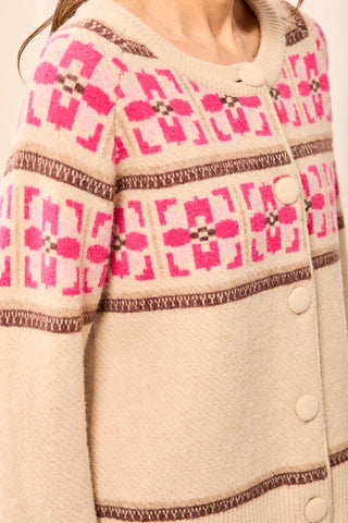 Fair Isle Button Front Sweater Cardigan-Fudge