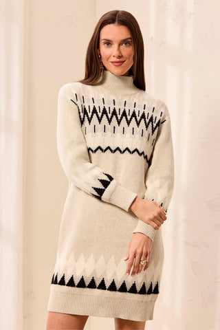 Fair Isle Mock Neck Long Sleeve Sweater Dress-H moonstone