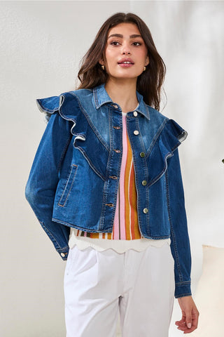Veste En Denim Avec Détail Volant Sculpté-Pacifique foncé
