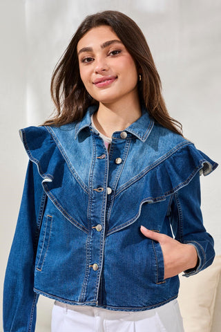 Veste En Denim Avec Détail Volant Sculpté-Pacifique foncé
