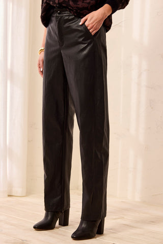 Faux Leather Barrel Leg Pant With Front Pockets-Black
