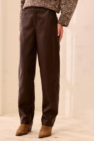 Faux Leather Barrel Leg Pant With Front Pockets-Saddlebrown