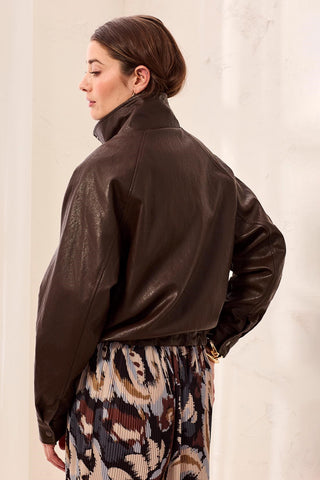 Faux Leather Mock Neck Adjustable Bubble Hem Jacket-Saddlebrown
