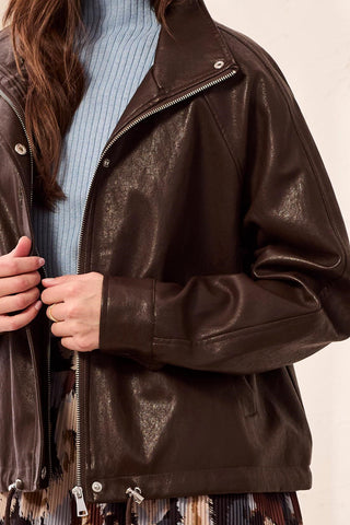 Faux Leather Mock Neck Adjustable Bubble Hem Jacket-Saddlebrown