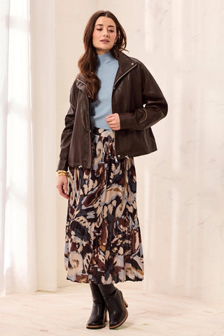 Faux Leather Mock Neck Adjustable Bubble Hem Jacket-Saddlebrown