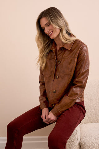 Veste En Simili-Cuir À Col-Accent Boutonné Sur Le Devant-Gingembre Épice