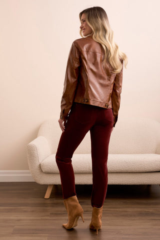 Veste En Simili-Cuir À Col-Accent Boutonné Sur Le Devant-Gingembre Épice