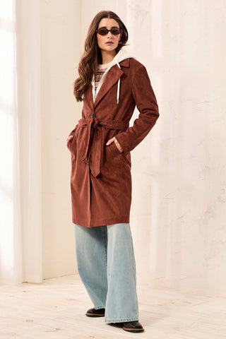 Trench En Suède Ceinturé Avec Insert À Capuche Amovible-Rouille intense