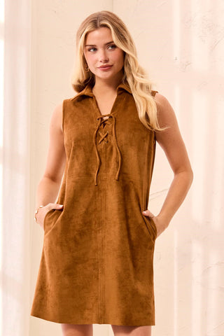 Faux Suede Sleeveless Lace-Up A-Line Dress with Pockets-Hazelwood