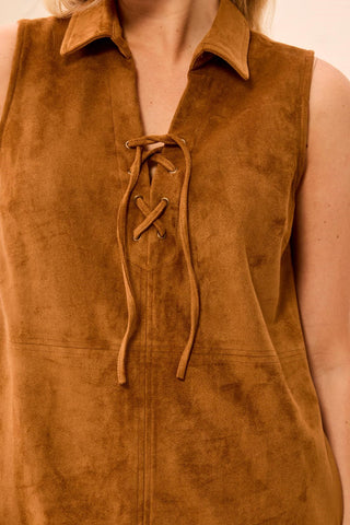 Faux Suede Sleeveless Lace-Up A-Line Dress with Pockets-Hazelwood