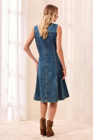 Fit-and-Flare Button Front Collared Denim Dress-Fountain