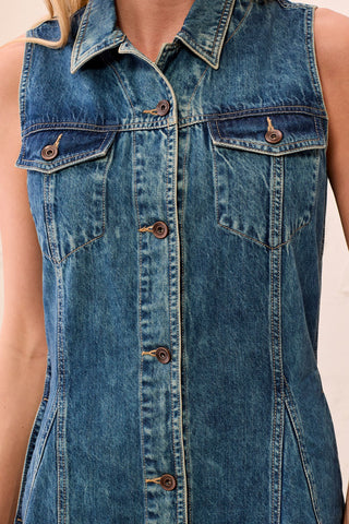Fit-and-Flare Button Front Collared Denim Dress-Fountain
