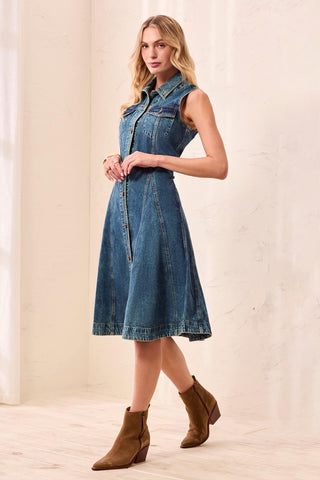 Fit-and-Flare Button Front Collared Denim Dress-Fountain