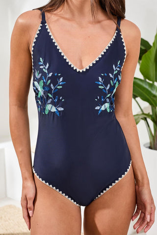 Flatten It® Tummy Control One-Piece Embroidered Swimsuit-Abyss