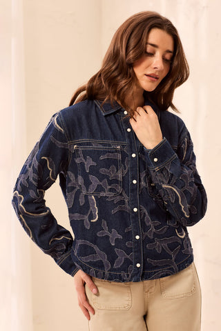 Shacket en Denim avec Broderie Florale Appliquée-Rinçage