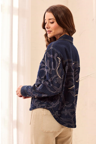 Shacket en Denim avec Broderie Florale Appliquée-Rinçage