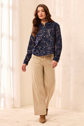 Shacket en Denim avec Broderie Florale Appliquée-Rinçage