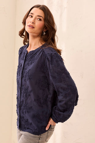Blouse À Manches Longues Et Col Tunisien À Broderies Florales-Saphir
