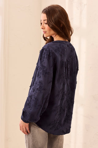 Blouse À Manches Longues Et Col Tunisien À Broderies Florales-Saphir