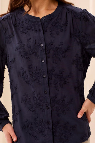Blouse À Manches Longues Et Col Tunisien À Broderies Florales-Saphir
