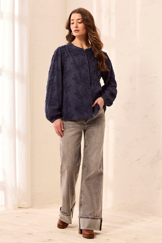 Blouse À Manches Longues Et Col Tunisien À Broderies Florales-Saphir