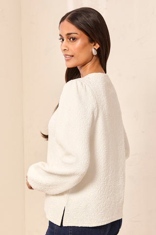 Floral Embossed Jacquard Long Sleeve Crew Neck Top-Cream