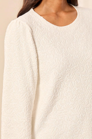 Floral Embossed Jacquard Long Sleeve Crew Neck Top-Cream