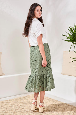 Floral Embroidered Tiered Boho Maxi Skirt -Moss