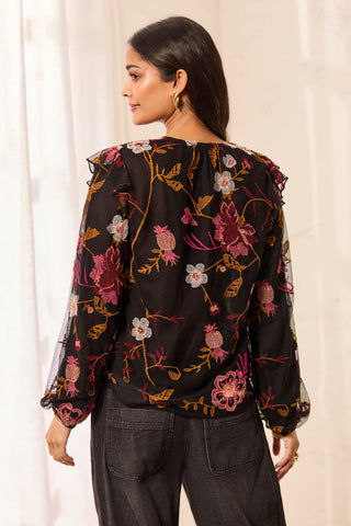 Floral Embroidered V-Neck Blouse with Frills-Black