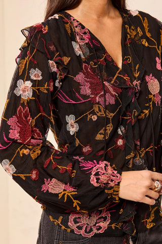 Floral Embroidered V-Neck Blouse with Frills-Black