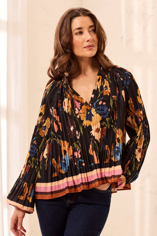 Floral Pleated Notch Neck Puff Sleeve Blouse-Hickory