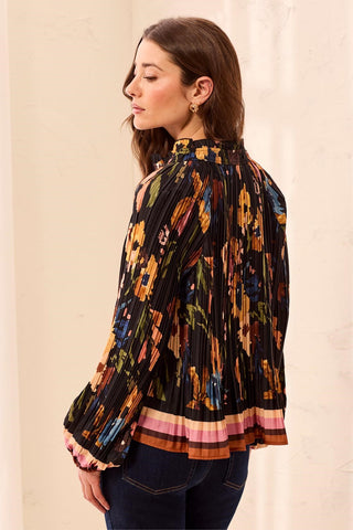 Floral Pleated Notch Neck Puff Sleeve Blouse-Hickory
