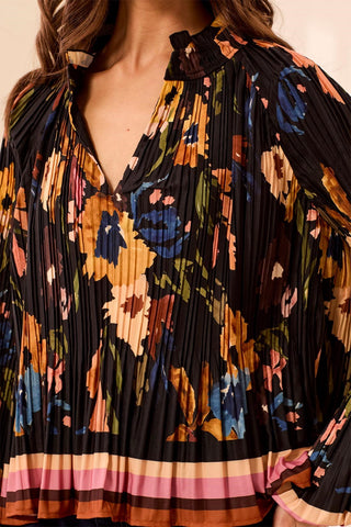 Floral Pleated Notch Neck Puff Sleeve Blouse-Hickory