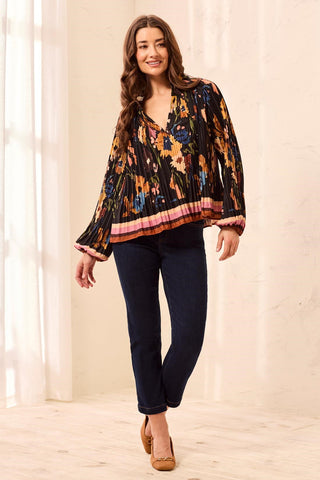 Floral Pleated Notch Neck Puff Sleeve Blouse-Hickory