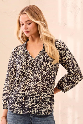 Floral Smocked Neck Tassel-Tie Long Puff Sleeve Blouse-Black/white
