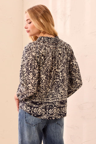 Floral Smocked Neck Tassel-Tie Long Puff Sleeve Blouse-Black/white